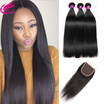 Peruvian Virgin Human Hair Straight With Closure 3 Bundles Peruvian Straight Hair With Middle Free Three Part Lace Closures