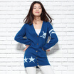 Velvet world good hit color skeleton pattern V-neck long paragraph wool knit cardigan R1128 cowboy blue XXL