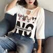 VIVAHEART Korean version of the five-point sleeve hollow T-shirt loose print pattern underwear coat tide tide VWTD173131 white L