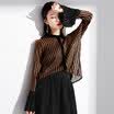 MAZOE fashion striped pleated horn sleeve chiffon shirt set M005 khaki all code