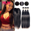 NLW 10A Brazilian virgin human hair 3 bundles with closure Silk straight hair weaves with closure