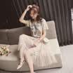 sustory ladies 2017 summer models Korean version of the two pieces of high waist yarn skirt in the long paragraph skirt a word skirt fashion printing short-sleeved dress SU112 apricot M