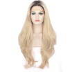 Anogol Heat Resistant Natural Long Blonde Wavy Glueless Peruca Laco Sintetico Fully Hair Wigs Dark Roots Synthetic Lace Front Wig