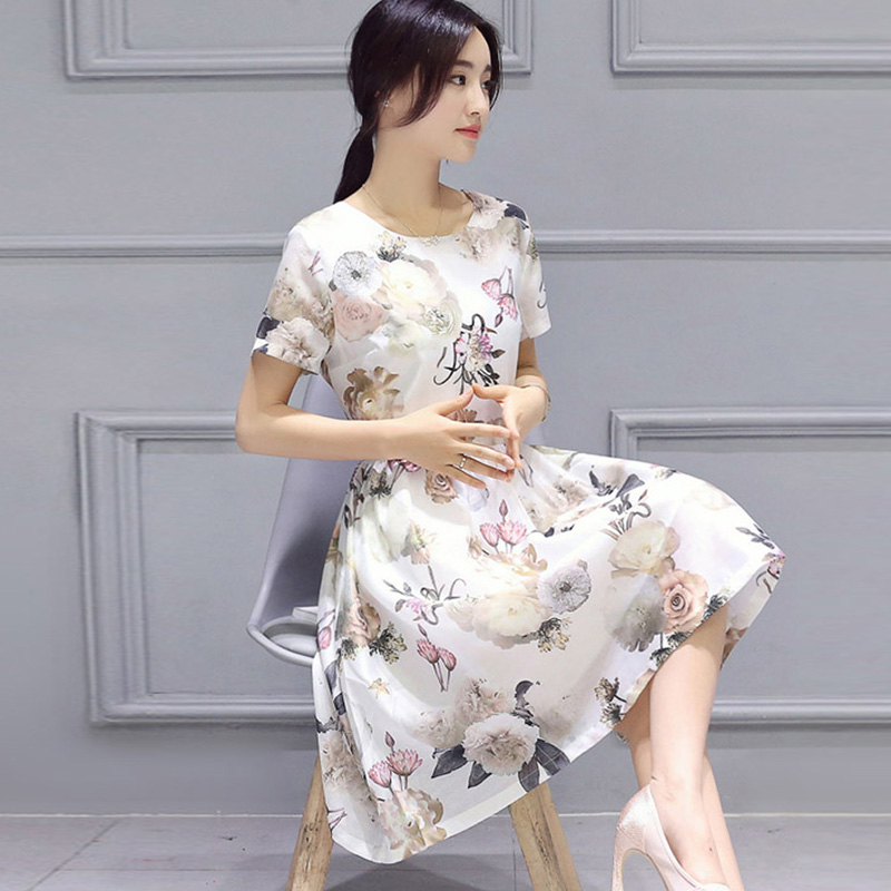 A cup of morning women&39s dress 2017 summer skirt was thin large fashion short sleeve round neck long skirt S72R0351A7XL white XL