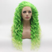 Iwona Hair Curly Long Green Root Light Green Ombre Wig Half Hand Tied Heat Resistant Synthetic Lace Front Wig
