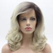 Iwona Hair Wavy Shoulder Length Dark Root Light Blonde Ombre Wig Half Hand Tied Heat Resistant Synthetic Lace Front Wig