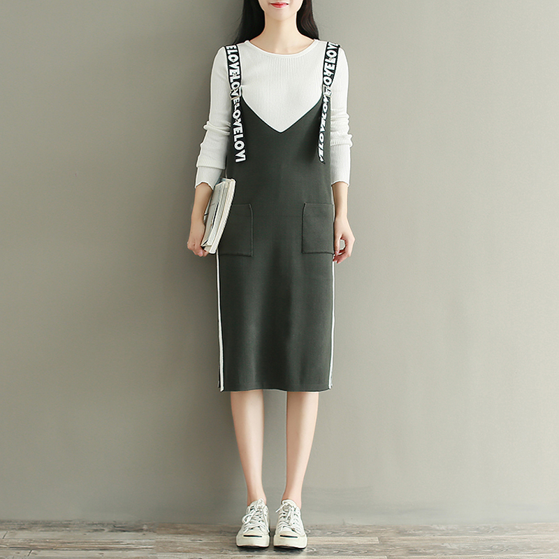 City plus CITYPLUS 2017 autumn&winter new women&39s literature&art complex splicing ribbon long section knit dress CWQZ178563 army green uniform