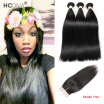 HCDIVA Brazilian Virgin Hair Straight 3 Bundles with Closure Middle Part Straight Human Hair Bundle with Closure