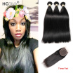 HCDIVA Brazilian Virgin Hair Straight 3 Bundles with Closure Three Part Straight Human Hair Bundle with Closure