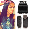 Brazilian Hair Bundles with Closure 100 Virgin Straight Hair 4 Bundles with 44 Lace Closure Unprocessed Human Hair Extensions
