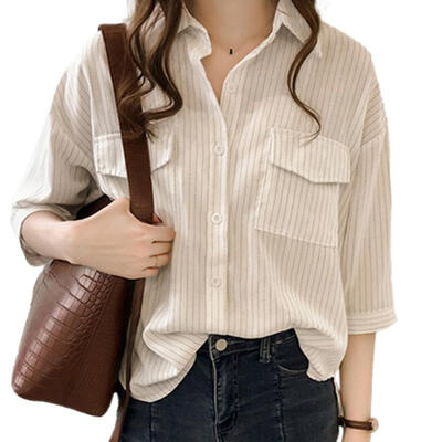 Women Concise Casual Solid Color Middle Sleeve Striped All-match Loose Standing Collar Shirts
Women Concise Casual Solid Color Middle Sleeve Striped All-match Loose Standing Collar Shirts