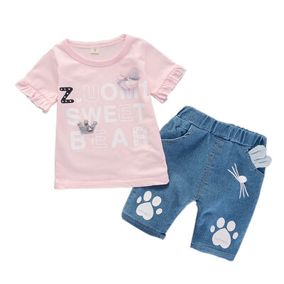 Summer Baby Girls Short Sleeve Floral Letter Print T-shirt TopsCat Paws Denim Shorts Suits Casual Outfits Sets
Summer Baby Girls Short Sleeve Floral Letter Print T-shirt TopsCat Paws Denim Shorts Suits Casual Outfits Sets