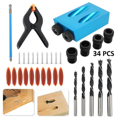 1430 34PCS Pocket Hole Jig 15 Degree Angle Oblique Hole Locator Drill Bits Hole Jig Clamp Kit for Woodworking
1430 34PCS Pocket Hole Jig 15 Degree Angle Oblique Hole Locator Drill Bits Hole Jig Clamp Kit for Woodworking