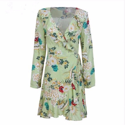 Ruffle print wrap dress women Sexy v neck mini dress long sleeve summer dress Robo femme streetwear beach vestidos 2018
Ruffle print wrap dress women Sexy v neck mini dress long sleeve summer dress Robo femme streetwear beach vestidos 2018