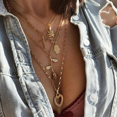 Vintage Female Necklace Heart Rose Cross Maple Palm Pendant Multilayer Gold Necklace Set Summer Lady Jewelry Wear
Vintage Female Necklace Heart Rose Cross Maple Palm Pendant Multilayer Gold Necklace Set Summer Lady Jewelry Wear