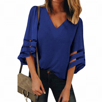 Solid color V-neck flare seven-point sleeve loose womens white-collar shirt casual top
Solid color V-neck flare seven-point sleeve loose womens white-collar shirt casual top