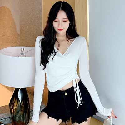 Autumn Sexy V-neck Long-sleeved Womens Tees Novel Drawstring Design Solid Color Tshirt Tops
Autumn Sexy V-neck Long-sleeved Womens Tees Novel Drawstring Design Solid Color Tshirt Tops