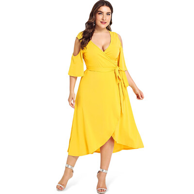 Plunge Neck 34 Bell Sleeve Cold Shoulder Belted Asymmetric Solid Color Plus Size Women Dress
Plunge Neck 34 Bell Sleeve Cold Shoulder Belted Asymmetric Solid Color Plus Size Women Dress