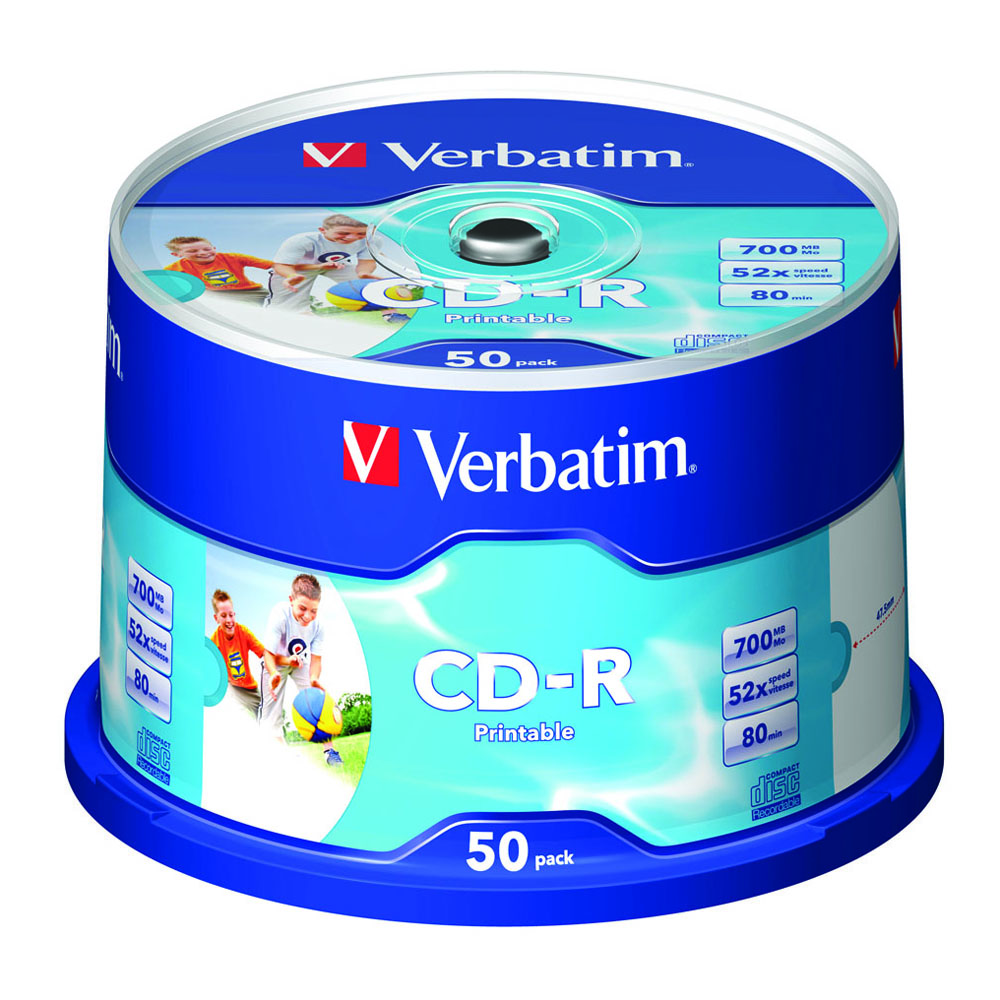 Verbatim CD-R 700MB 52X White Inkjet Printable Recordable Media Disc 50PK Spindle Blank Compact Write Once Data Storage 41908
Verbatim CD-R 700MB 52X White Inkjet Printable Recordable Media Disc 50PK Spindle Blank Compact Write Once Data Storage 41908