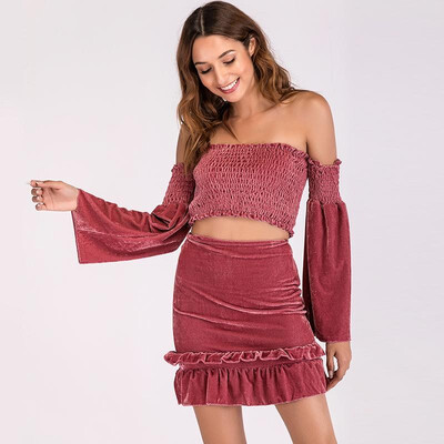 Women Two Piece Set Velvet Shirred Crop Top Pencil Skirt Off Shoulder HIgh Waist Ruffle Bodycon Sexy Suit
Women Two Piece Set Velvet Shirred Crop Top Pencil Skirt Off Shoulder HIgh Waist Ruffle Bodycon Sexy Suit