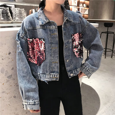 Women Solid Blue Long Sleeve Lapel Collar Sequin Jacket Loose Casual Short Denim Coat Tops
Women Solid Blue Long Sleeve Lapel Collar Sequin Jacket Loose Casual Short Denim Coat Tops