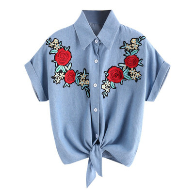 Women Retro Temperament Rose Embroidered Denim Lapel Blouse Shirt Short Sleeve Casual Women Blouse And Tops
Women Retro Temperament Rose Embroidered Denim Lapel Blouse Shirt Short Sleeve Casual Women Blouse And Tops