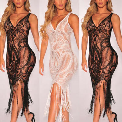 Women Sexy Tassel Bikini Swimwear Cover Up Summer Mini Bodycon Lace Dress Beach