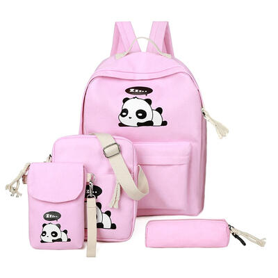 4pcsSet Cute Women Girls Panda Print Backpacks Canvas Shoulder Schoolbags