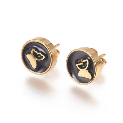 Golden Tone 304 Stainless Steel Stud Earrings with Enamel Flat Round with Butterfly Black 135x10x35mm Pin 07mm
Golden Tone 304 Stainless Steel Stud Earrings with Enamel Flat Round with Butterfly Black 135x10x35mm Pin 07mm