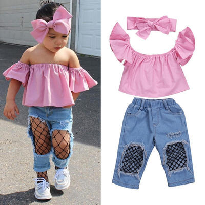 Toddler Kids Girls Clothes Off Shoulder Pink BlousesDenim Fishnet Jeansheadband Fashion Summer 3pcs Set
Toddler Kids Girls Clothes Off Shoulder Pink BlousesDenim Fishnet Jeansheadband Fashion Summer 3pcs Set