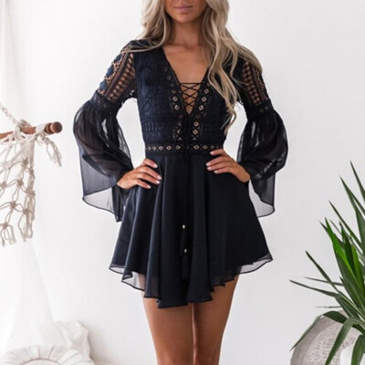 Women Summer Fashion Sexy All-match Solid Color Deep V-collar Hollow Out Flare Sleeve Dresses
Women Summer Fashion Sexy All-match Solid Color Deep V-collar Hollow Out Flare Sleeve Dresses