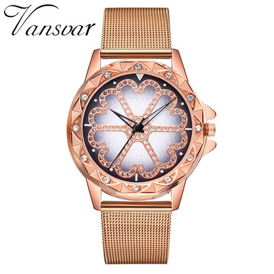 RM vansvar Casual Quartz Stainless Steel Band Women Lucky Flower Rhinestone Watch
