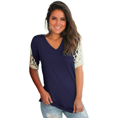 V-neck short-sleeved crochet lace stitching casual top
V-neck short-sleeved crochet lace stitching casual top