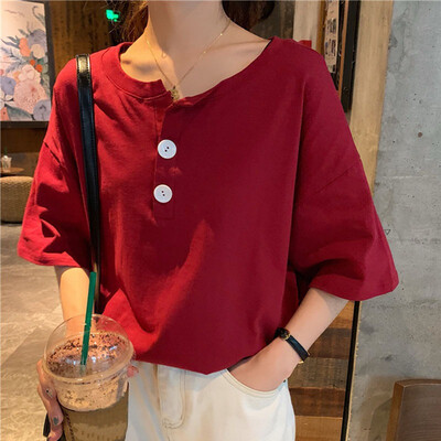 Women t shirt solid color button top summer short sleeve O-neck knotted casual wild loose T-shirt Solid Basic Soft
Women t shirt solid color button top summer short sleeve O-neck knotted casual wild loose T-shirt Solid Basic Soft