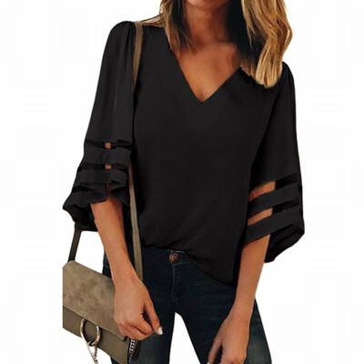 Solid color V-neck flare seven-point sleeve loose womens white-collar shirt casual top
Solid color V-neck flare seven-point sleeve loose womens white-collar shirt casual top