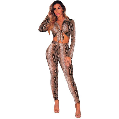 Sexy Women Two-piece Set Snake Print Crop Top Deep V Neck Bandage Long Sleeve Long Pants Slim Bodycon Suits Khaki
Sexy Women Two-piece Set Snake Print Crop Top Deep V Neck Bandage Long Sleeve Long Pants Slim Bodycon Suits Khaki