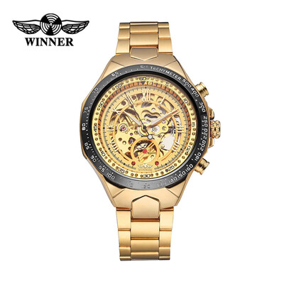 WINNER High Quality Men Semi-Automatic Mechanical Watch Big Dial Hand-winding Business Skeleton Hollowed-out Wristwatch