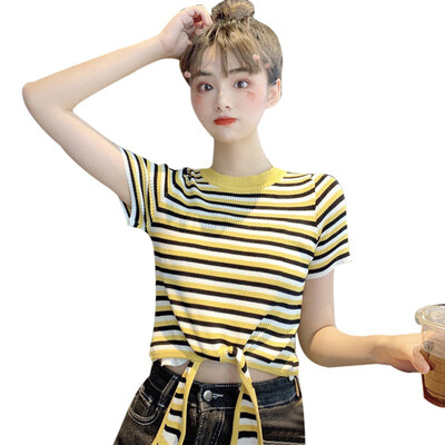 Women Summer T Shirt Striped Short Sleeve Femme Korean Tee Ladies Casual O Neck Bandage Knitted Crop Top
Women Summer T Shirt Striped Short Sleeve Femme Korean Tee Ladies Casual O Neck Bandage Knitted Crop Top