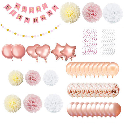 Rose Gold Theme Birthday Party Adornment Birthday Banner Paper Flower Balls Paper Scrap Balloon