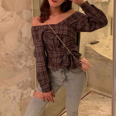 Women Off Shoulder Shirt Sexy Slash Neck Plaid Print Long Sleeve Bow Back Autumn Fall Long Sleeve T-Shirt
Women Off Shoulder Shirt Sexy Slash Neck Plaid Print Long Sleeve Bow Back Autumn Fall Long Sleeve T-Shirt