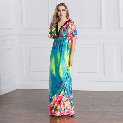 Elegant Women Maxi Dress Floral Print Plunge V Neck Short Sleeve Russian Long Ice Silk Dress Blue
Elegant Women Maxi Dress Floral Print Plunge V Neck Short Sleeve Russian Long Ice Silk Dress Blue