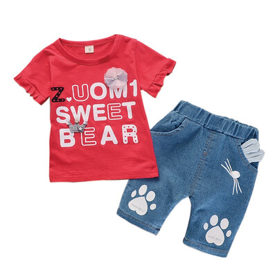 Summer Baby Girls Short Sleeve Floral Letter Print T-shirt TopsCat Paws Denim Shorts Suits Casual Outfits Sets
Summer Baby Girls Short Sleeve Floral Letter Print T-shirt TopsCat Paws Denim Shorts Suits Casual Outfits Sets