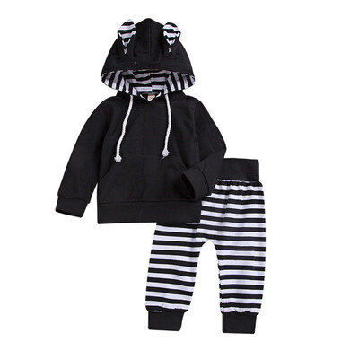 Autumn Baby Boys Girls Adorable Cartoon Outfits Toddler Warm Hoodie Striped Rabbit Ears Hooded Sweater Pants Set
