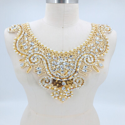 Golden lace applique with silver beads rhinestones patches 3029cm for dress accessory
Golden lace applique with silver beads rhinestones patches 3029cm for dress accessory