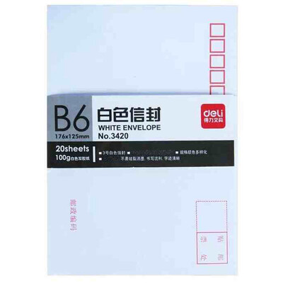 Deli) 3420 -3 white envelope post office standard envelope 176 * 125mm 20 sheets (single pack
Deli) 3420 -3 white envelope post office standard envelope 176 * 125mm 20 sheets (single pack