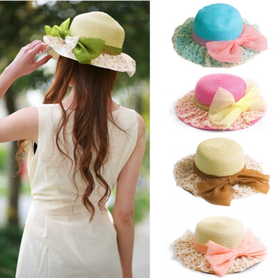 New Women Sweet Straw Hat Floral Lace Yarn Bow Elegant Sun Hat Summer Beach Headwear Green & Khaki