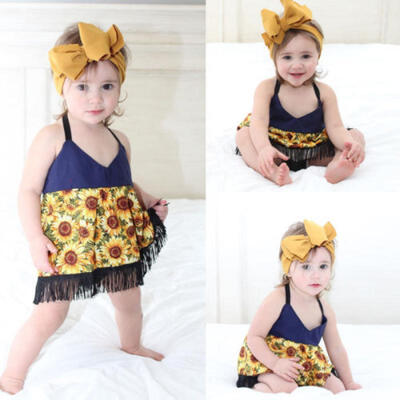 Toddler Infant Baby Kid Girl Sunflower Fringe Skirt Sundress Outfits Clothes Set