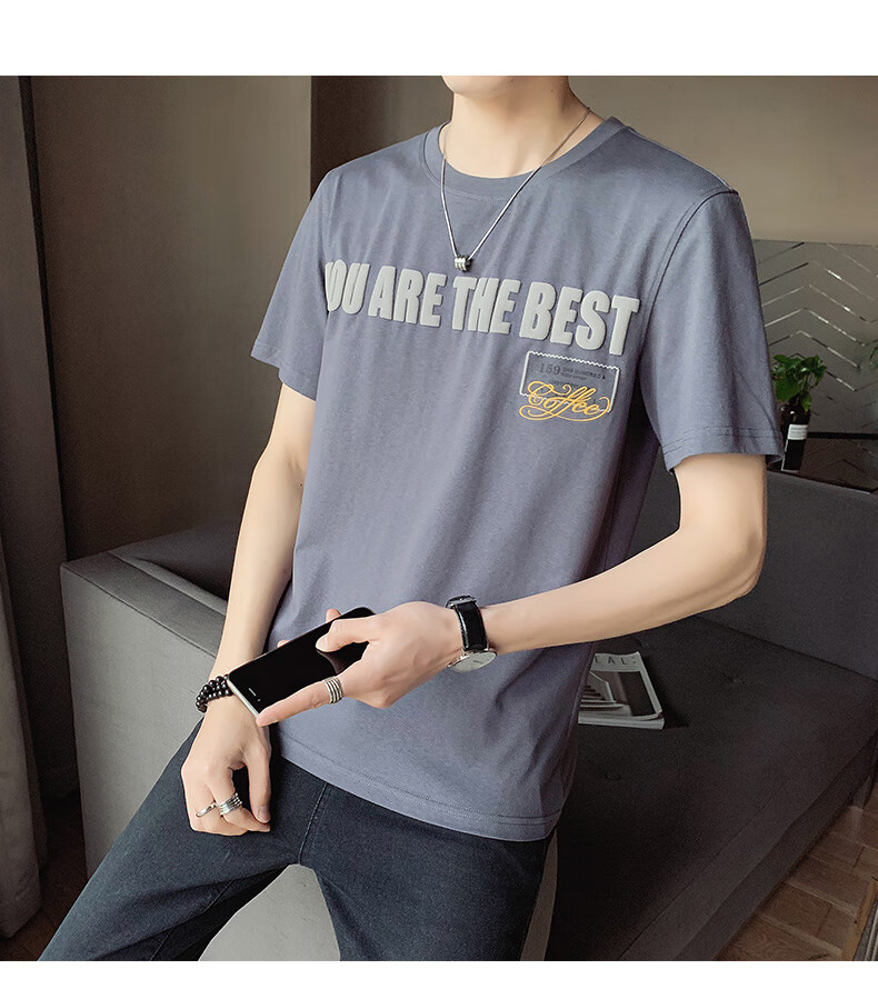 韩版潮流圆领印花汗衫半袖体恤男装上衣服商务休闲男装tx88020黑色l