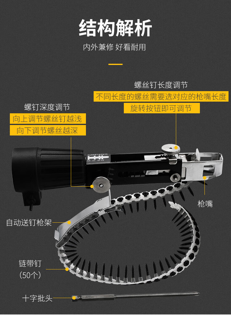 木可西链带螺丝钉枪转换器连发枪电动螺丝刀上石膏板工具自动上钉枪头