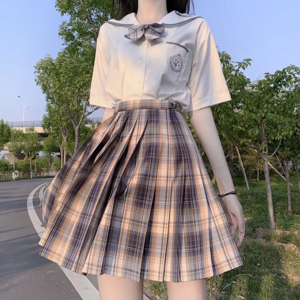 制服裙女兔缝缝学院风百褶裙格裙套装衬衫寸衫两件套 43cm裙长 单裙子